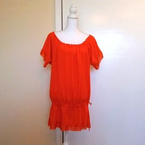 🧡🍊Guya Bright Orange Draw String Waist Tunic Top. Off or On Shoulders Size XL